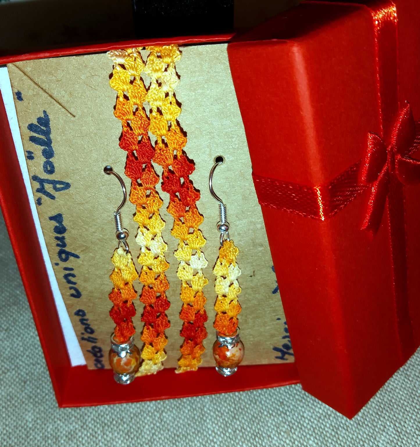 Ensemble double bracelet ou tour de cou et boucles d'oreilles oranges perles de jaspe oranges fait main en France crochet artisanal