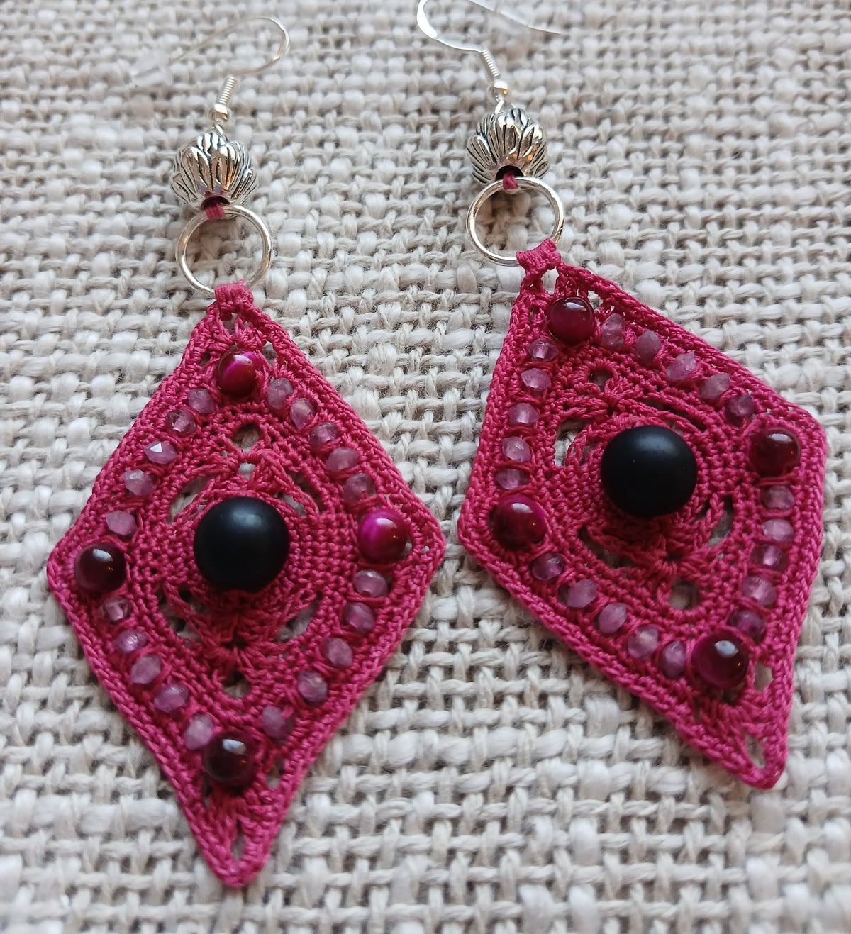 Boucles d'oreilles Onyx, Œil de Tigre Rouge & Tourmaline Rose