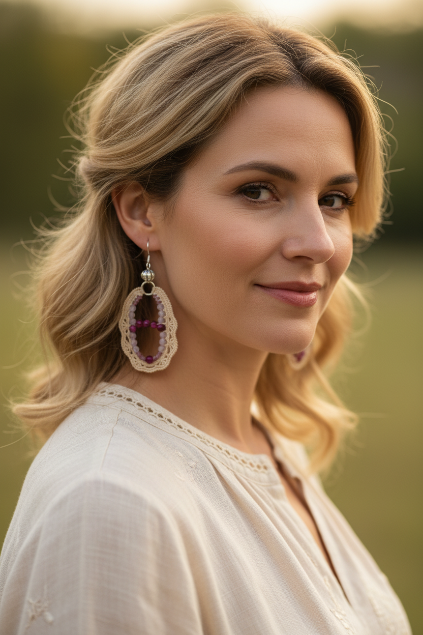 Boucles d'oreilles crochet ovale beige - photo portees lifestyle