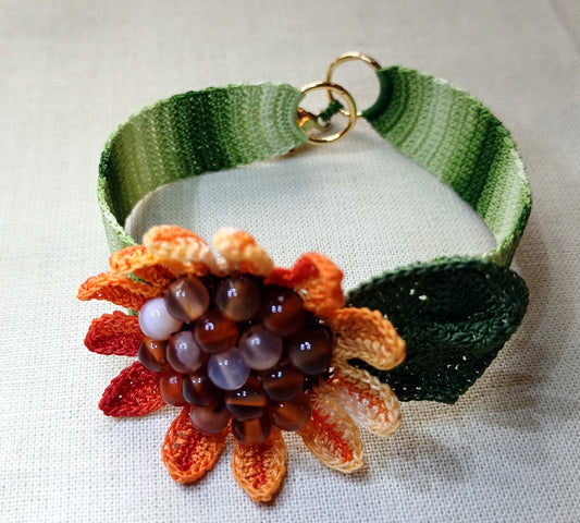 Bracelet Tournesol perles de coralin multicolore fait main France crochet artisanal