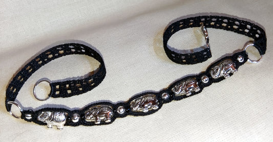 Double bracelet Eva noir perles argentées et éléphants fait main France crochet artisanal