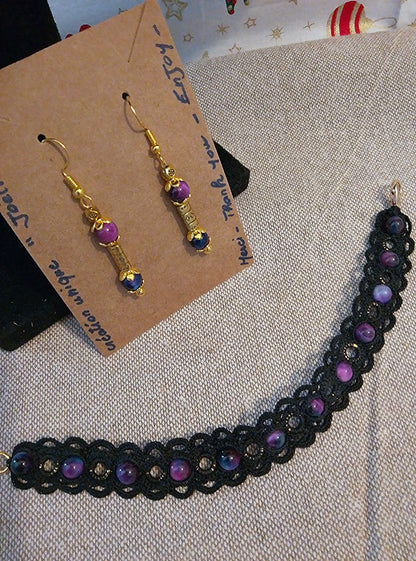 Ensemble bracelet et boucles d'oreilles noir Manuela