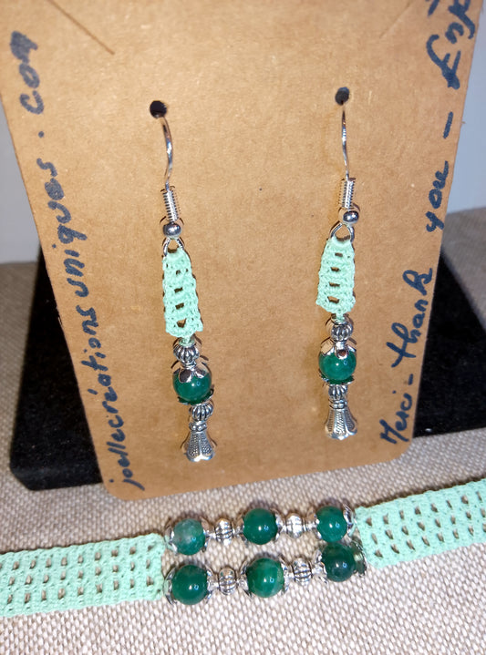 Ensemble Adeline - Bracelet et Boucles d'Oreilles Agate Verte Crochet Artisanal