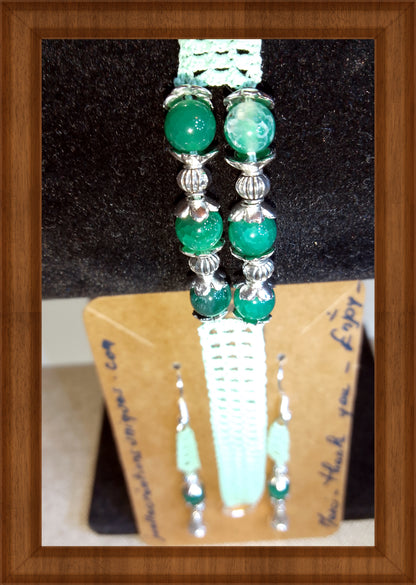 Ensemble Adeline - Bracelet et Boucles d'Oreilles Agate Verte Crochet Artisanal