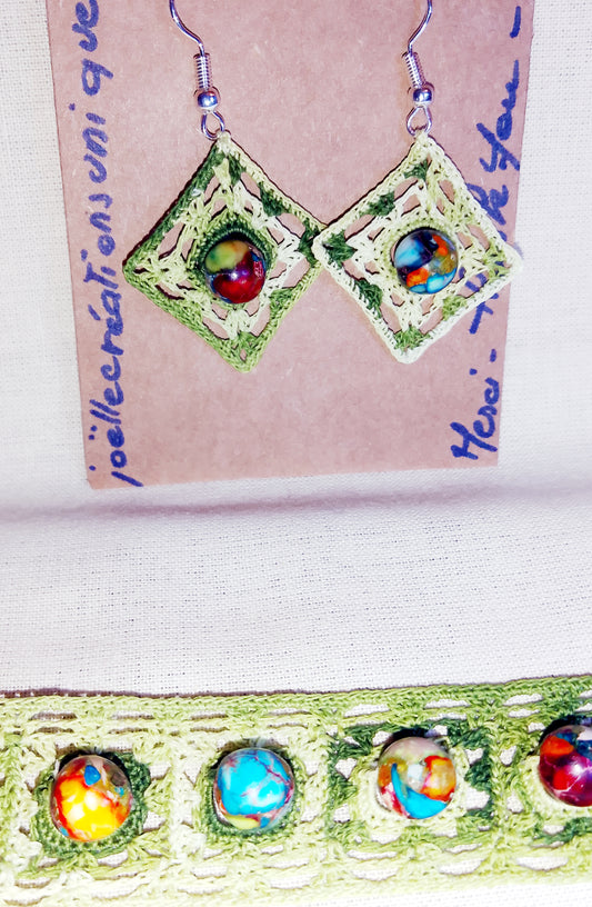 Ensemble Ann bracelet et boucles d'oreilles dégradé de vert perles de jaspe sea sediment fait main France crochet artisanal