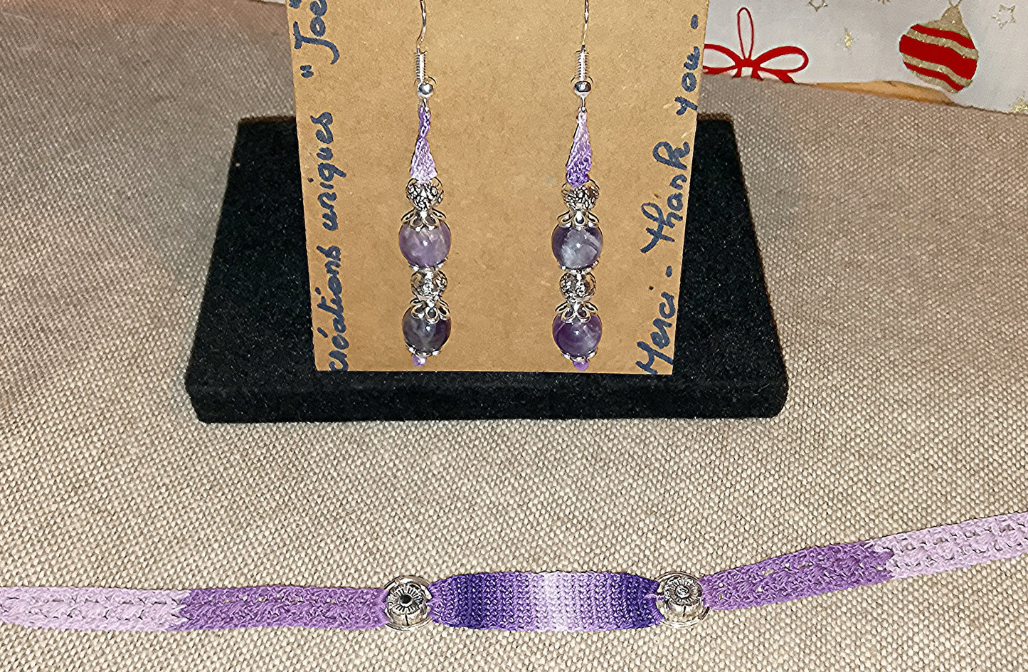 Ensemble bracelet et boucles d'oreilles fait main en France crochet artisanal perles d'améthyste