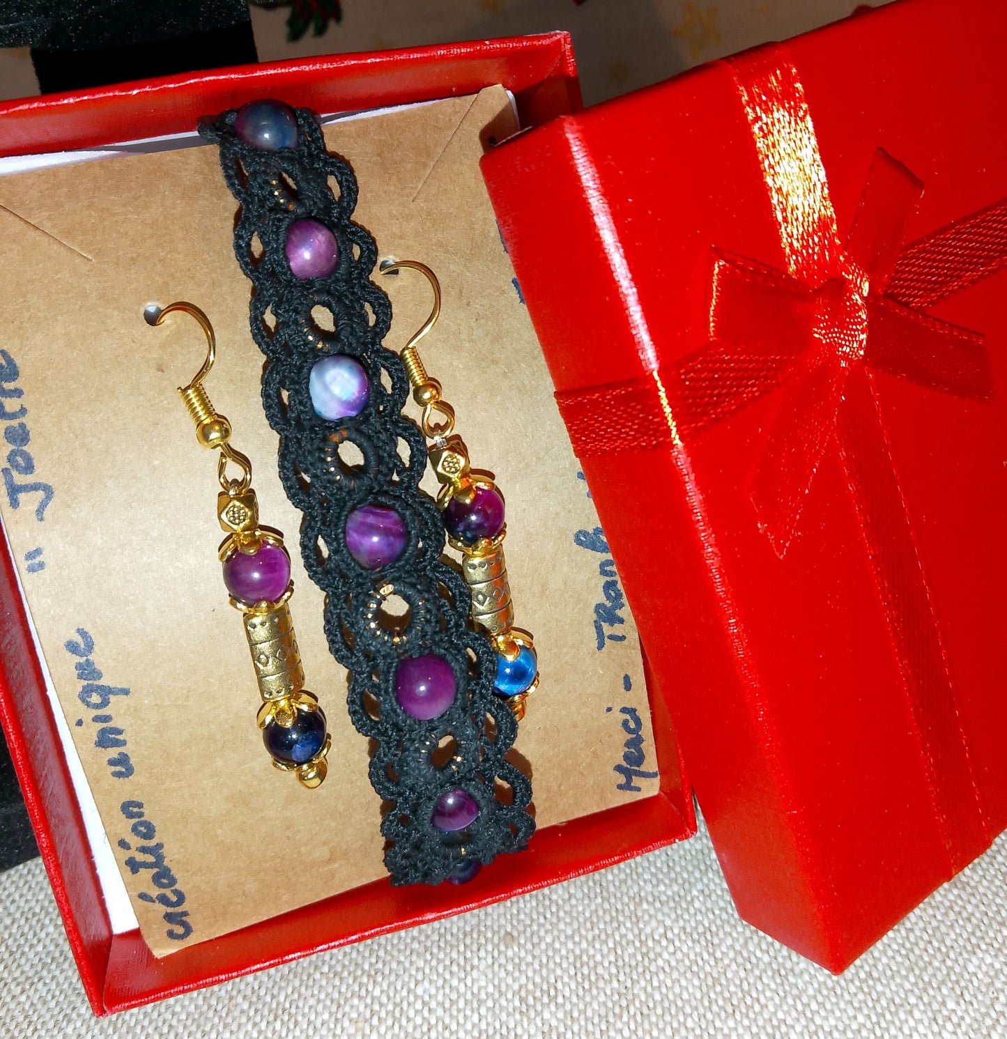 Ensemble bracelet et boucles d'oreilles noir Manuela