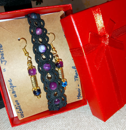 Ensemble bracelet et boucles d'oreilles noir Manuela