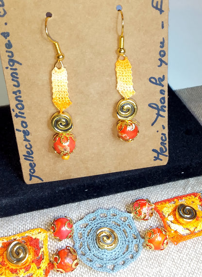 Ensemble bracelet et boucles d'oreilles faits main crochet artisanal fait en France