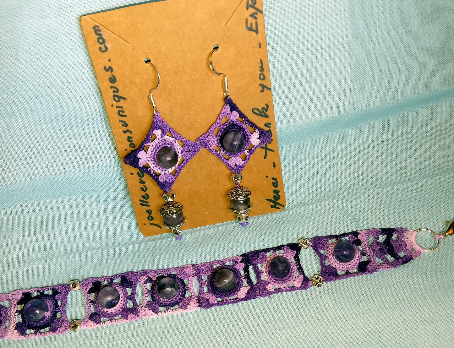 Ensemble Sandra violet perles d'améthyste fait main en France crochet artisanal