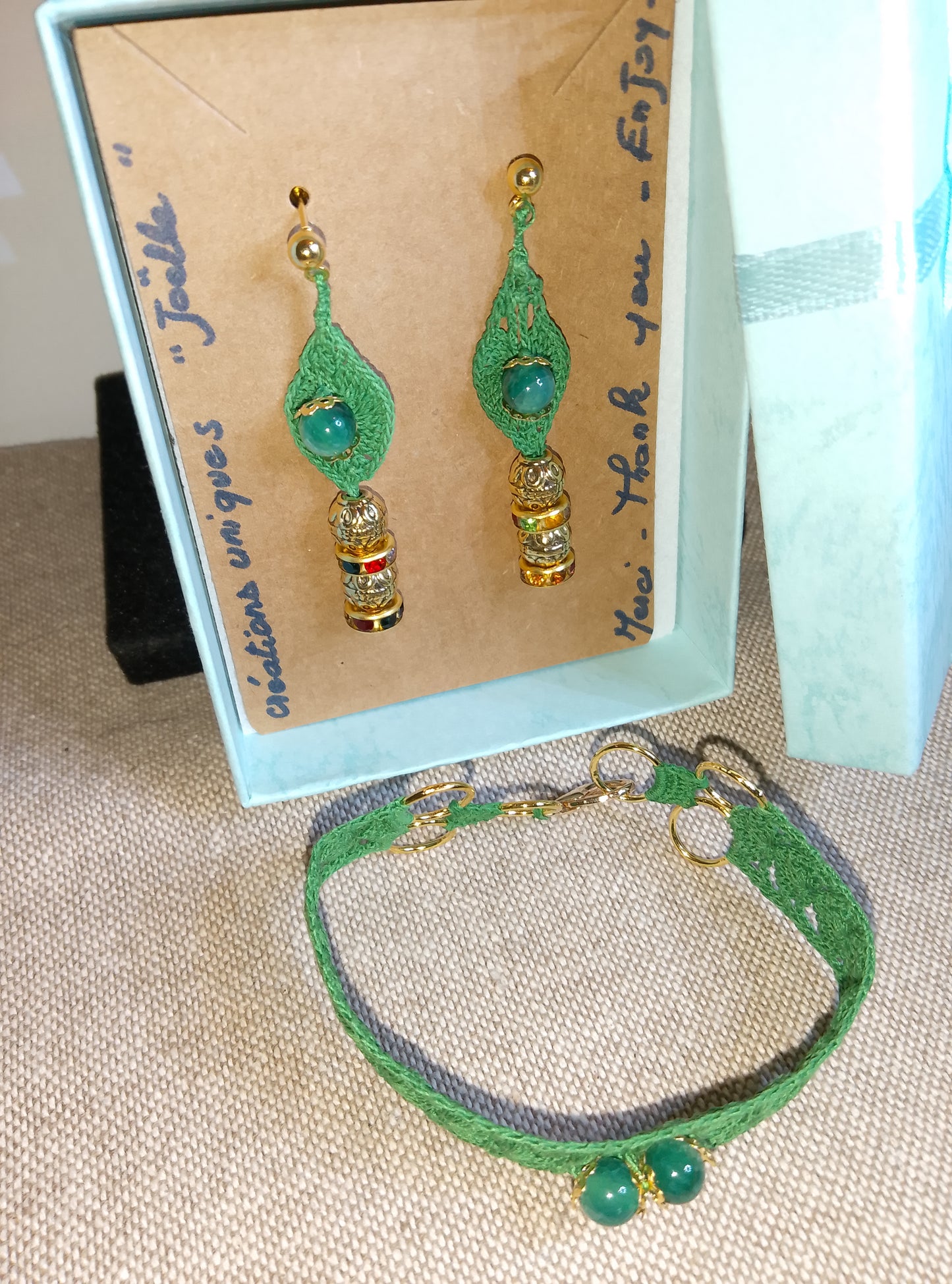 Ensemble Sophie - Bracelet et Boucles d'Oreilles Agate Verte Crochet Artisanal