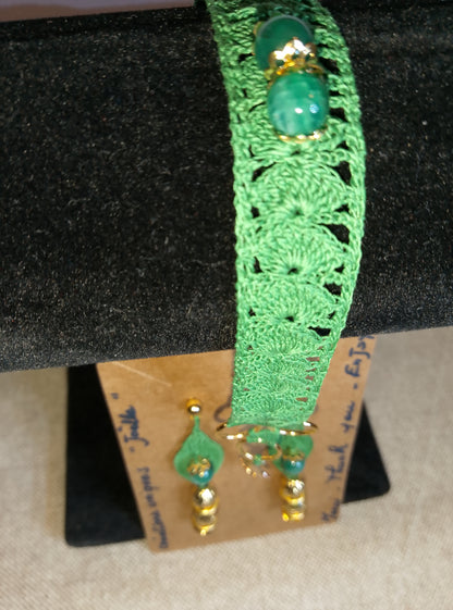 Ensemble Sophie - Bracelet et Boucles d'Oreilles Agate Verte Crochet Artisanal