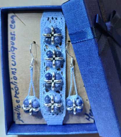 Ensembe Aglaé brclet et bouces d'oreilles perles de Sodalite fait main France crochet artisanal