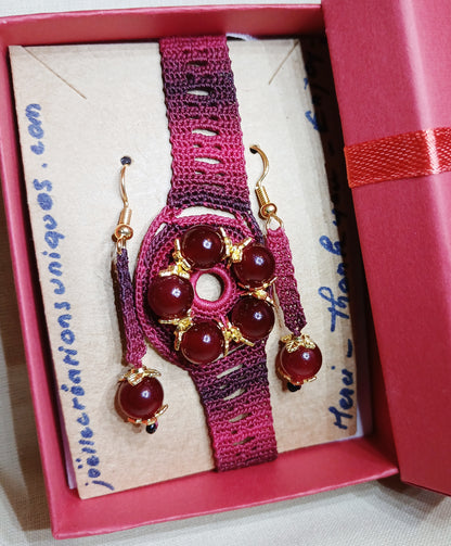 Ensemble bracelet et boucles d'oreilles Roze dégradé de rouge perles de grenat fait main France crochet artisanal