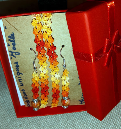 Ensemble double bracelet ou tour de cou et boucles d'oreilles oranges perles de jaspe oranges fait main en France crochet artisanal