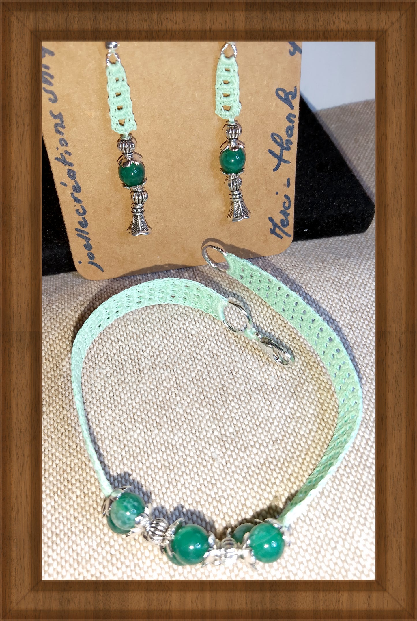 Ensemble Adeline - Bracelet et Boucles d'Oreilles Agate Verte Crochet Artisanal