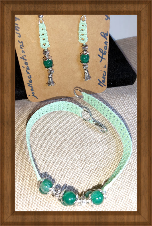 Ensemble Adeline - Bracelet et Boucles d'Oreilles Agate Verte Crochet Artisanal