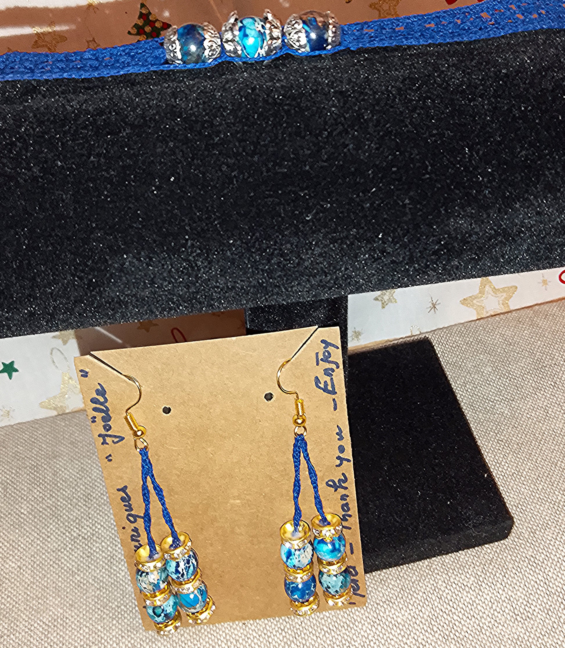 Ensemble bleu  double bracelet ou tour de cou et boucles d'oreilles perles de jaspe impérial bleues fait main en France crochet artisanal