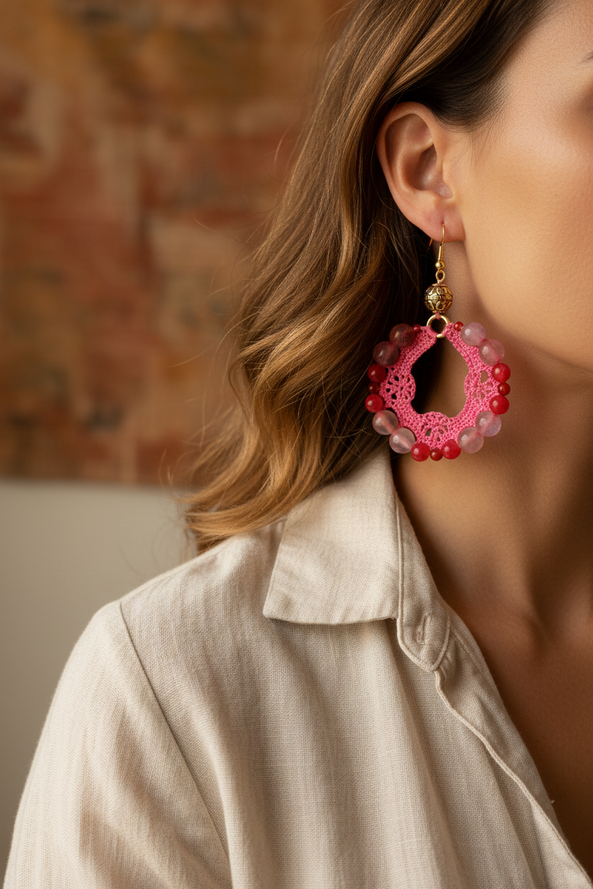 Boucles d'oreilles créoles crochet rose portées