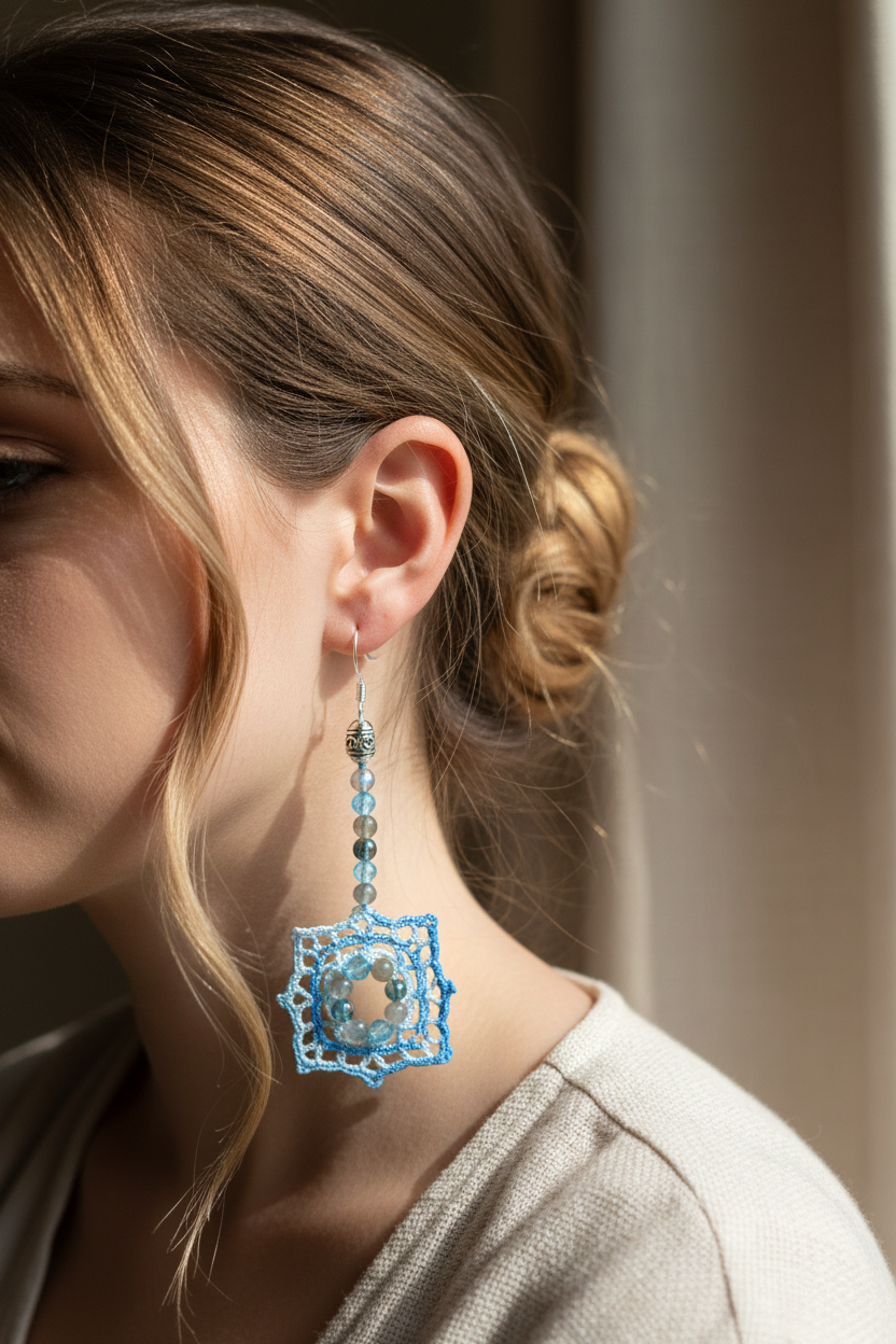Boucles d'oreilles crochet dégradé bleu portées