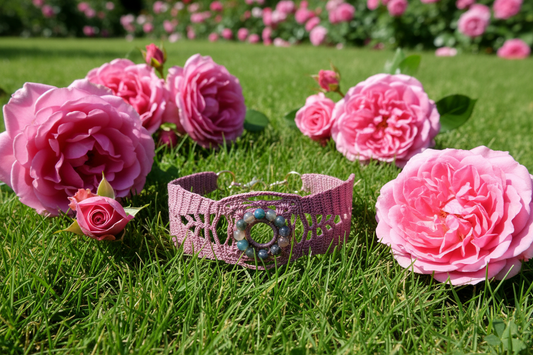 Bracelet Nathalie rose perles agates indiennes - gazon et roses