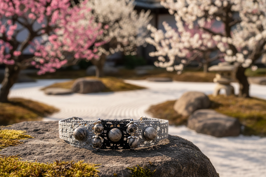 Bracelet Régine gris et noir perles de jaspe Picasso - pruniers en fleurs jardin japonais