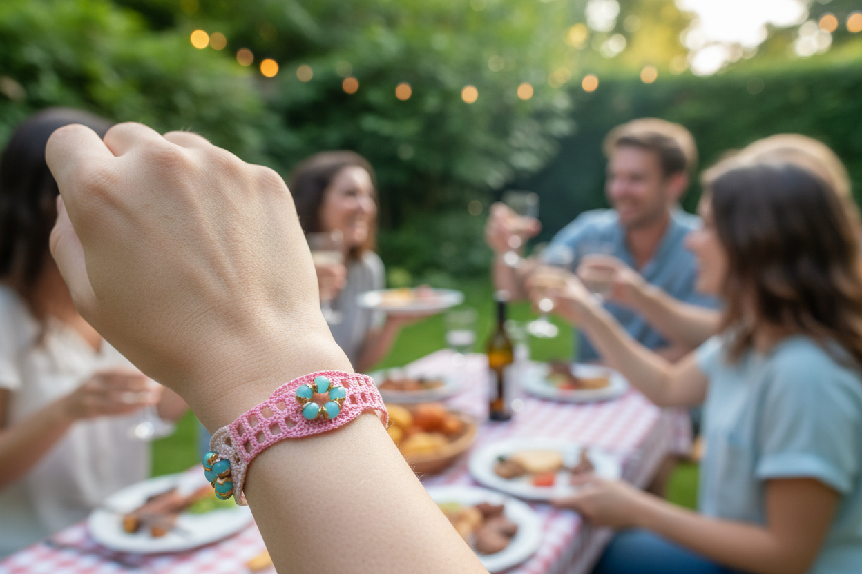 Bracelet rose amazonite porté lors d'un barbecue convivial