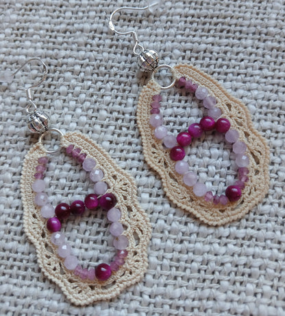 Boucles d'oreilles  Tourmaline Rose, Kunzite & Œil de Tigre Rouge