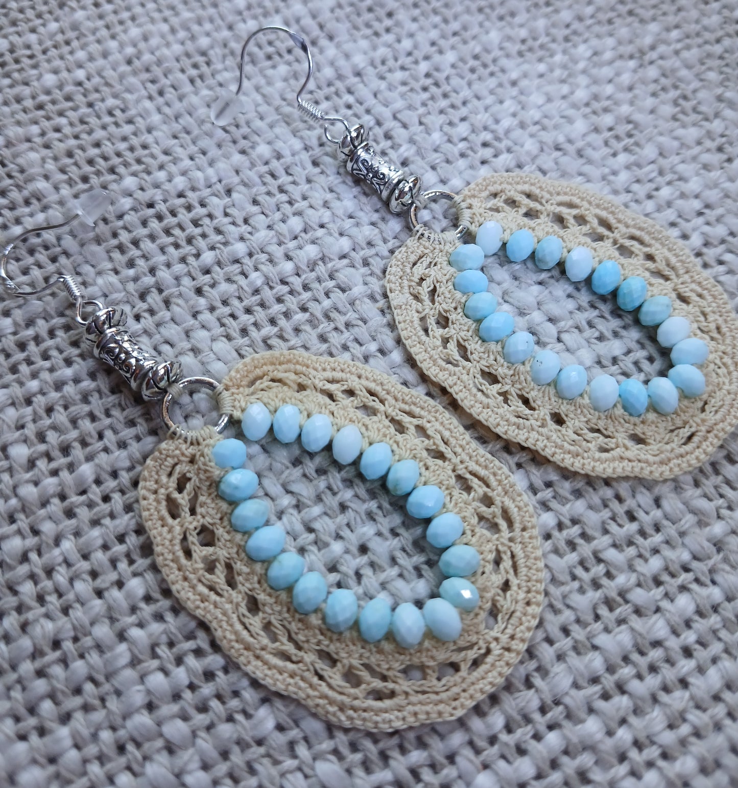 Boucles d'oreilles Créoles Coton Beige – Turquoises Américaines & Argent 925