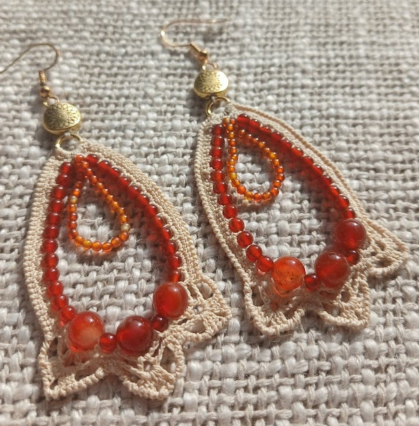 Boucles d'oreilles  Zircon rouge, Cornaline & Agate rayée
