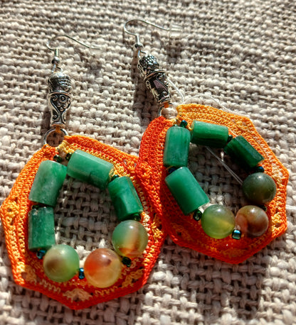 Boucles d'oreilles Crochet Dégradé Orange – Émeraude, Agate Paon & Argent 925