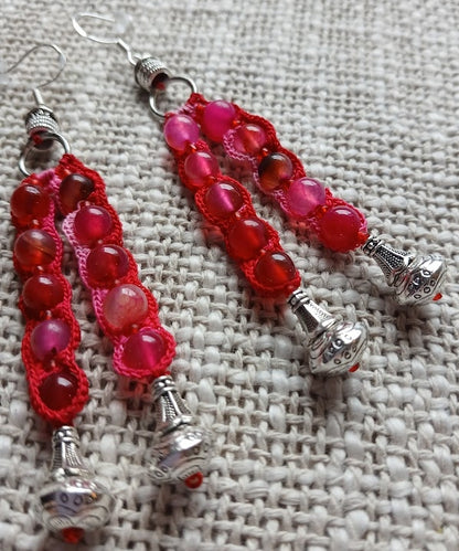 Boucles d'oreilles crochet coton dégradé rouge & rose, Tourmaline rouge – Argent 925