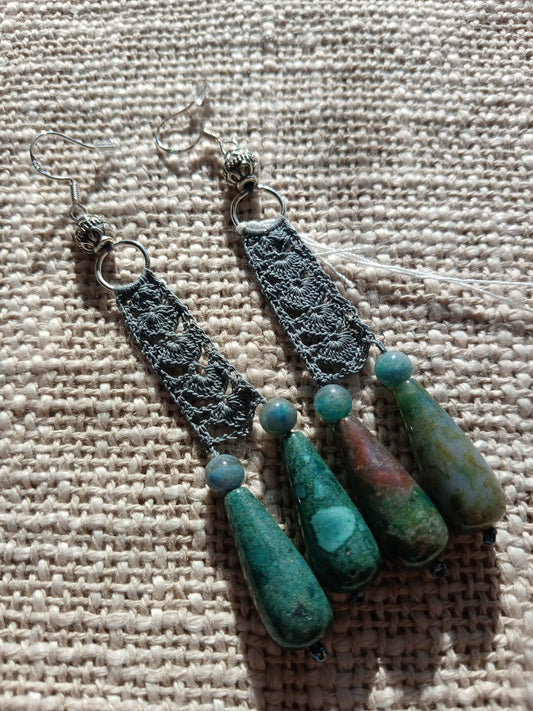 Boucles d'oreilles Crochet Gris Ardoise – Perles d'Agate Indienne & Argent 925