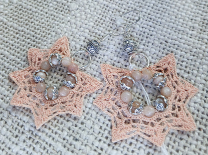 Boucles d'oreilles Crochet Orangé – Perles de Pierre de Lune Rose & Argent 925