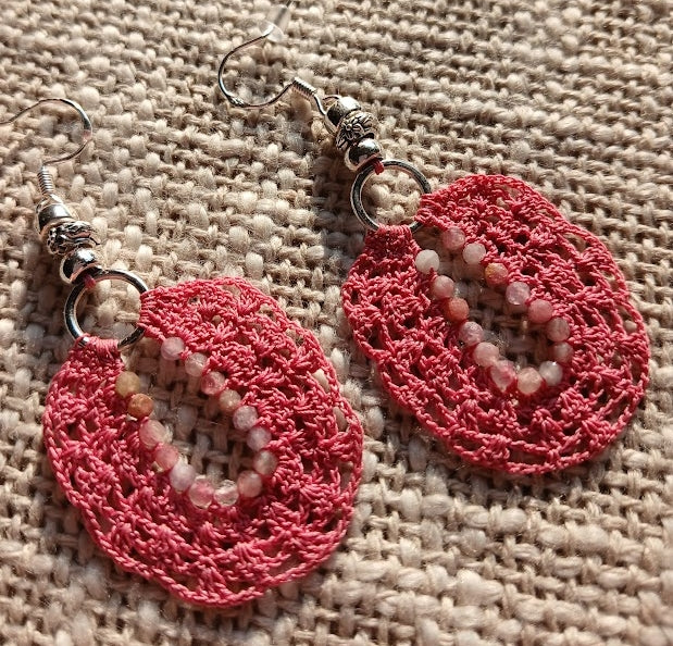 Boucles d'oreilles crochet coton rose – Perles de tourmaline rose & Argent 925
