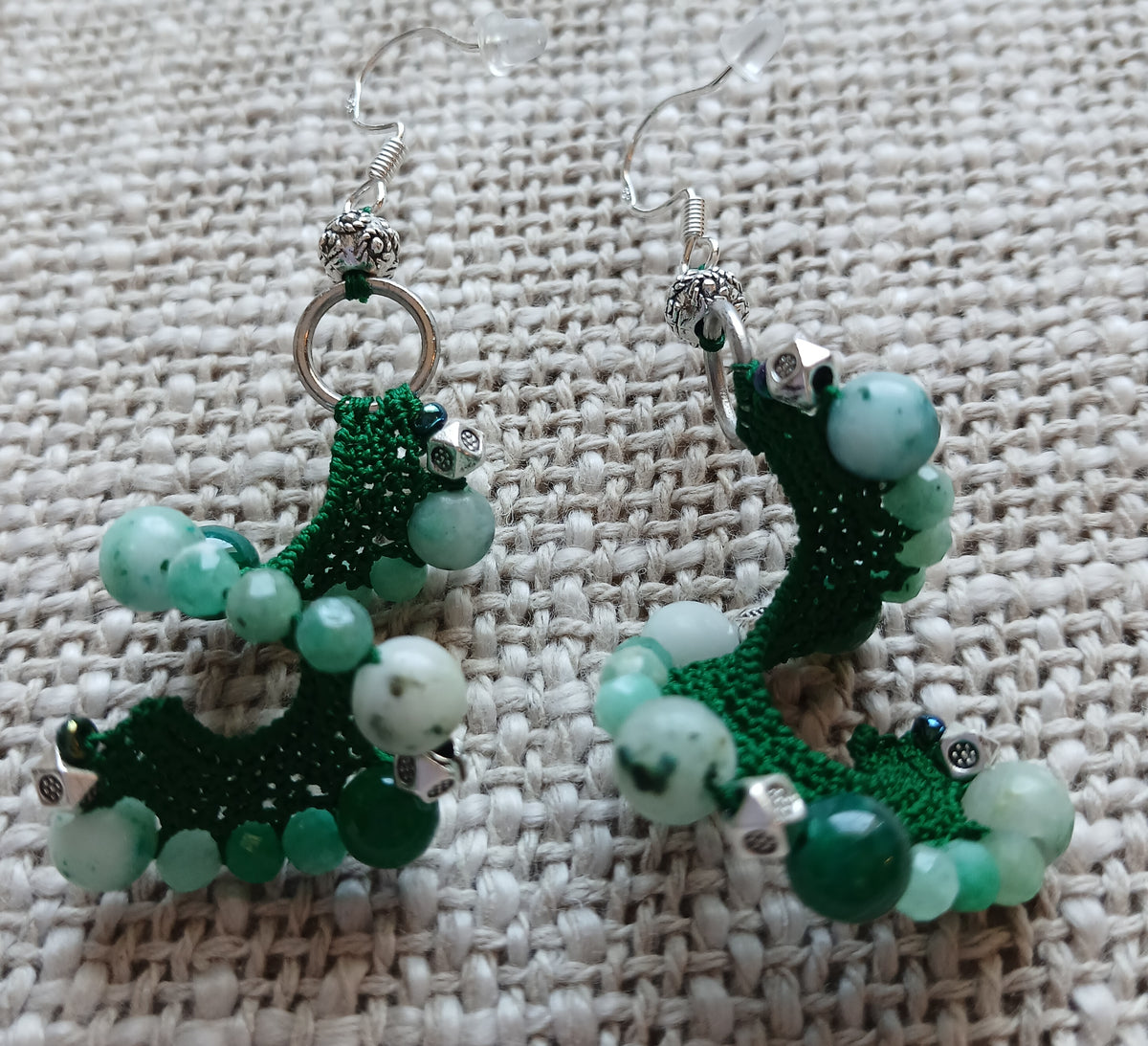 Boucles d'oreilles Jaspe kiwi, Agate veine de dragon & Émeraude