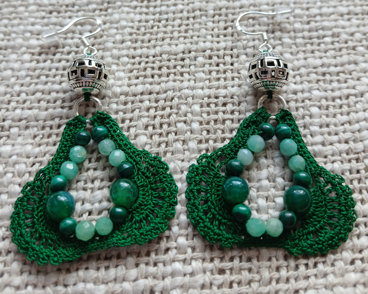 Boucles d'oreilles  Malachite, Émeraude & Agate Veine de Dragon