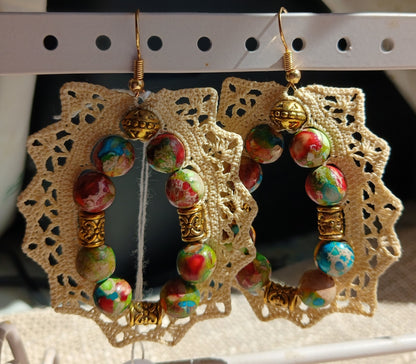 Boucles d'oreilles crochet coton beige — Jaspe Sea Sediment — Doré