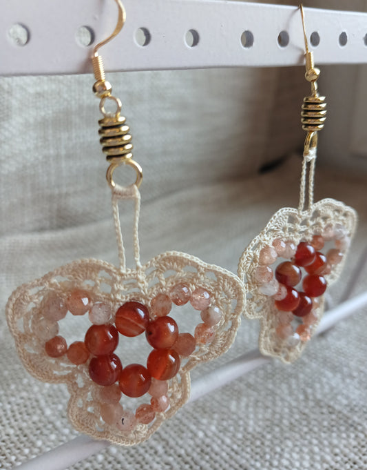 Boucles d'oreilles  Agate rayée & Pierre de soleil facettée — Doré
