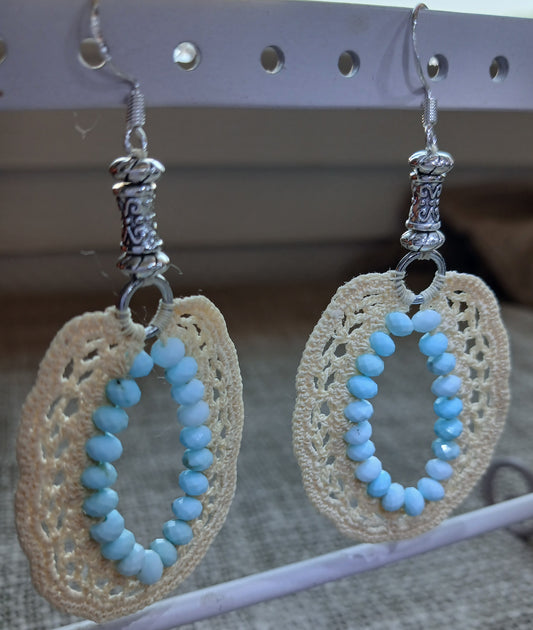 Boucles d'oreilles Créoles Coton Beige – Turquoises Américaines & Argent 925