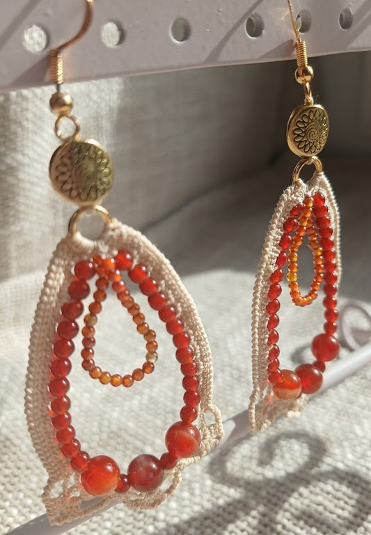 Boucles d'oreilles  Zircon rouge, Cornaline & Agate rayée
