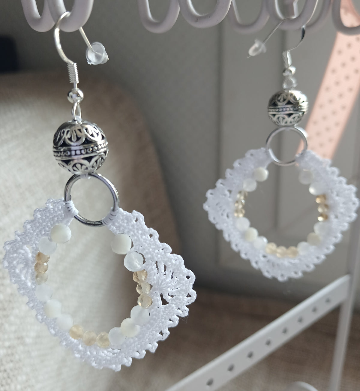 Boucles d'oreilles Nacre, Pierre de lune bleutée & Citrine facettées — Argent sterling