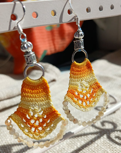 Boucles d'oreilles éventail au crochet – Coton dégradé jaune & perles de citrine facettées