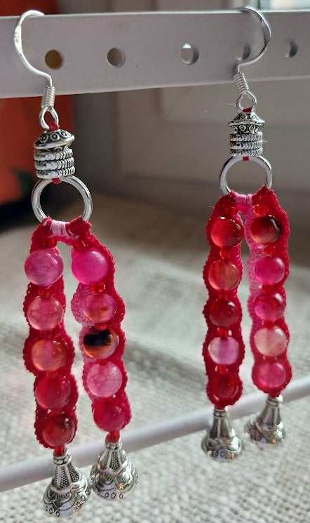 Boucles d'oreilles crochet coton dégradé rouge & rose, Tourmaline rouge – Argent 925
