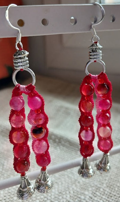 Boucles d'oreilles crochet coton dégradé rouge & rose, Tourmaline rouge – Argent 925
