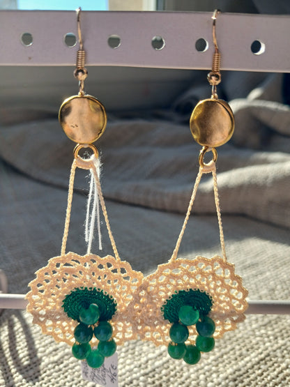 Boucles d'oreilles Crochet Ecru & Vert Forêt – Perles d'Agate Veine de Dragon & Doré