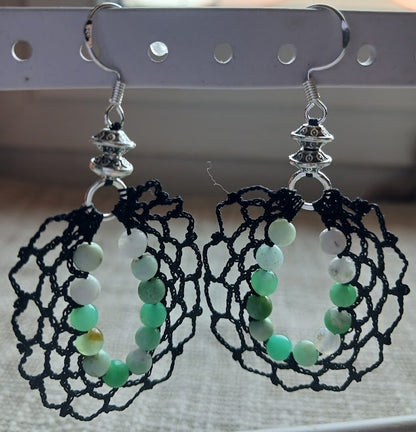 Boucles d'oreilles crochet coton noir – Perles de chrysoprase & Argent 925