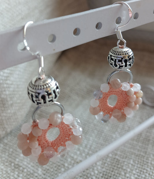 Boucles d'oreilles  Pierre de lune rose & fluorine · Coton orangé