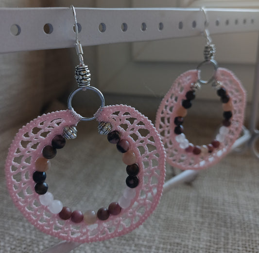 Boucles d'oreilles créoles rhodonite, quartz rose & pierre de lune