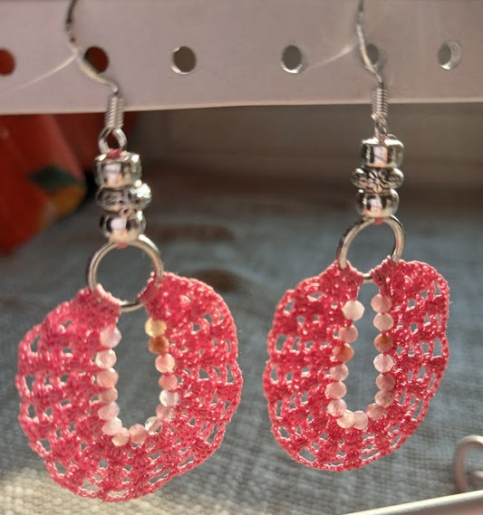 Boucles d'oreilles crochet coton rose – Perles de tourmaline rose & Argent 925